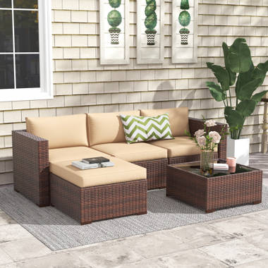 Sol 72 Outdoor Merton 7 Piece Patio Furniture Set Outdoor Wicker Conversation Set All Weather PE Rattan Sectional Sofa Set with Cushions and Faux Wood Table Stripe Pillows Reviews Wayfair